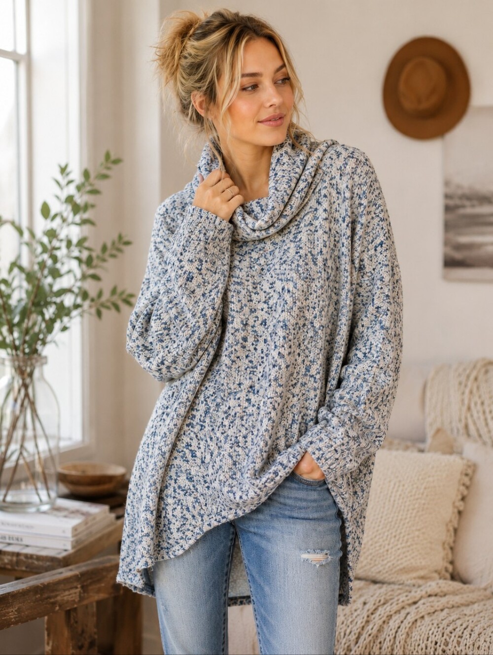 Free People XS/S Blue Speckled Cowl Neck Oversized Cozy Sweater - Picture 2 of 13